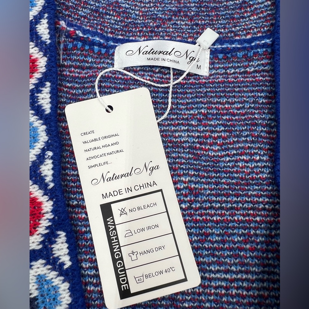 Natural Nga Blue Red Pineapple Intarsia Knit‎ Longline Cardigan Sweater M NWT - Picture 3 of 8